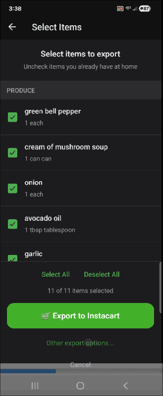 ChefsClips shopping list with Export to Instacart button