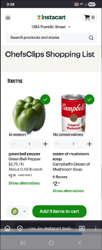 Shopping list exported to Instacart