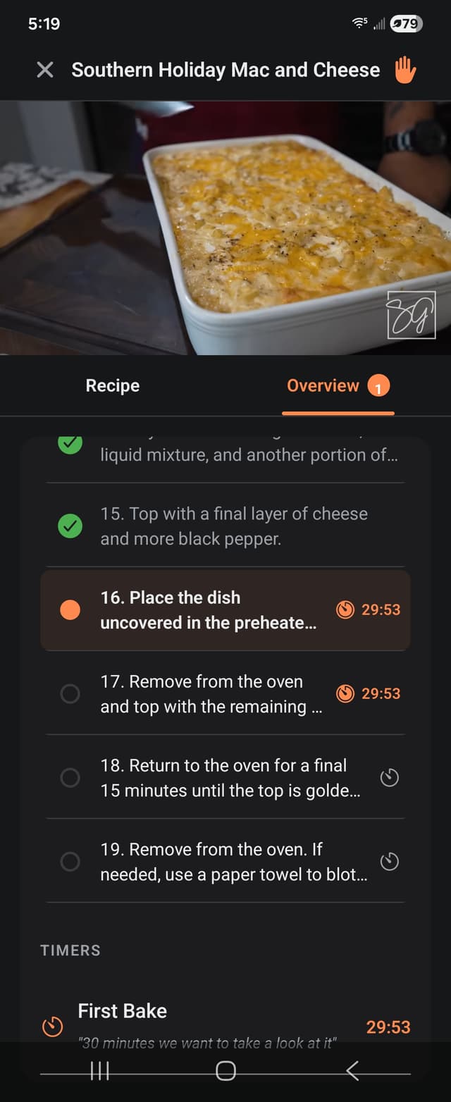 Recipe overview showing all steps and active timers